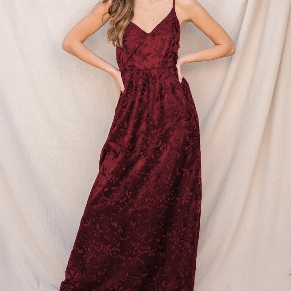 Burgundy Floral Embroidered Organza Maxi Dress